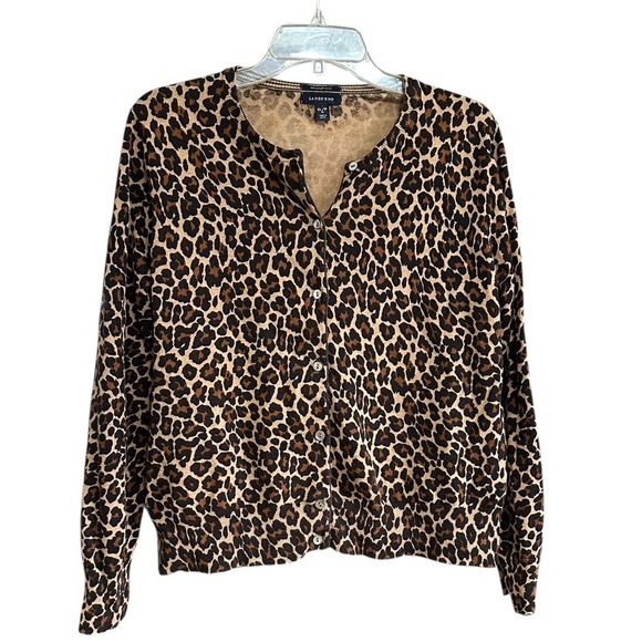 Lands' End Sweaters - Lands End Womens XL Petite Leopard Print 100% Supima Cotton Cardigan Sweater